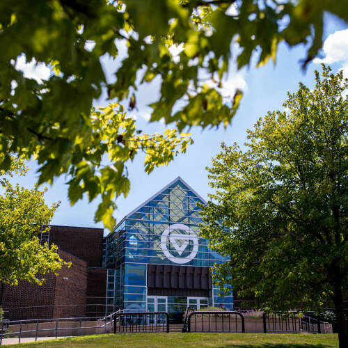 exterior of Kirkhof Center, with circle GV window covering